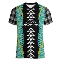 Black Palaka Hawaii Iwa Bird Women V-Neck T-Shirt Hawaiian Kakau Jade Vine Lei - Polynesian Pride