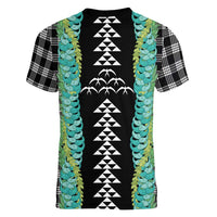 Black Palaka Hawaii Iwa Bird Women V-Neck T-Shirt Hawaiian Kakau Jade Vine Lei - Polynesian Pride