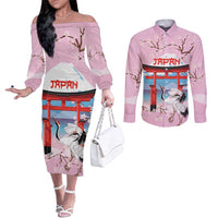 Japanese Torii Gate Cranes Personalised Couples Matching Off The Shoulder Long Sleeve Dress and Long Sleeve Button Shirt Fuji Mount Sakura Seigaiha Pattern