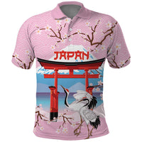 Japanese Torii Gate Cranes Personalised Polo Shirt Fuji Mount Sakura Seigaiha Pattern