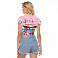 Japanese Torii Gate Cranes Personalised Raglan Cropped T Shirt Fuji Mount Sakura Seigaiha Pattern