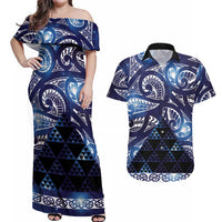 Matariki New Zealand Couples Matching Off Shoulder Maxi Dress and Hawaiian Shirt NZ Niho Taniwha Maori New Year Blue Galaxy