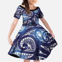 Matariki New Zealand Family Matching Long Sleeve Bodycon Dress and Hawaiian Shirt NZ Niho Taniwha Maori New Year Blue Galaxy LT14 Daughter's Dress Blue - Polynesian Pride
