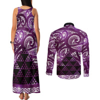 Matariki New Zealand Couples Matching Tank Maxi Dress and Long Sleeve Button Shirt NZ Niho Taniwha Maori New Year Purple Galaxy