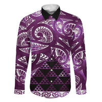 Matariki New Zealand Family Matching Off The Shoulder Long Sleeve Dress and Hawaiian Shirt NZ Niho Taniwha Maori New Year Purple Galaxy LT14 Dad's Shirt - Long Sleeve Purple - Polynesian Pride