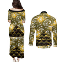 Matariki New Zealand Couples Matching Puletasi and Long Sleeve Button Shirt NZ Niho Taniwha Maori New Year Yellow Galaxy