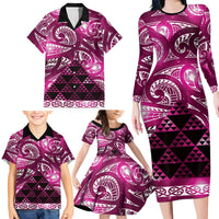 Matariki New Zealand Family Matching Long Sleeve Bodycon Dress and Hawaiian Shirt NZ Niho Taniwha Maori New Year Pink Galaxy