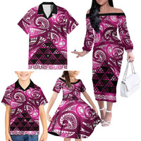 Matariki New Zealand Family Matching Off The Shoulder Long Sleeve Dress and Hawaiian Shirt NZ Niho Taniwha Maori New Year Pink Galaxy