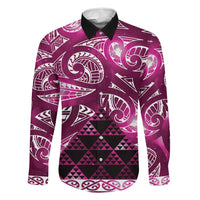 Matariki New Zealand Family Matching Off The Shoulder Long Sleeve Dress and Hawaiian Shirt NZ Niho Taniwha Maori New Year Pink Galaxy