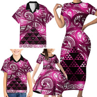 Matariki New Zealand Family Matching Short Sleeve Bodycon Dress and Hawaiian Shirt NZ Niho Taniwha Maori New Year Pink Galaxy