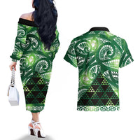 Matariki New Zealand Couples Matching Off The Shoulder Long Sleeve Dress and Hawaiian Shirt NZ Niho Taniwha Maori New Year Green Galaxy