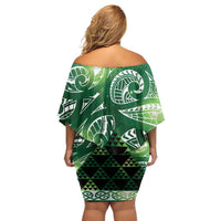 Matariki New Zealand Family Matching Off Shoulder Short Dress and Hawaiian Shirt NZ Niho Taniwha Maori New Year Green Galaxy