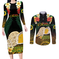 Vanuatu Triton's Trumpet Couples Matching Long Sleeve Bodycon Dress and Long Sleeve Button Shirt Tropical Flowers Vanuatuan Map