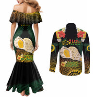 Vanuatu Triton's Trumpet Couples Matching Mermaid Dress and Long Sleeve Button Shirt Tropical Flowers Vanuatuan Map