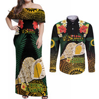 Vanuatu Triton's Trumpet Couples Matching Off Shoulder Maxi Dress and Long Sleeve Button Shirt Tropical Flowers Vanuatuan Map