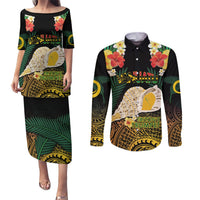 Vanuatu Triton's Trumpet Couples Matching Puletasi and Long Sleeve Button Shirt Tropical Flowers Vanuatuan Map LT14 Black - Polynesian Pride