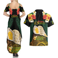 Vanuatu Triton's Trumpet Couples Matching Summer Maxi Dress and Hawaiian Shirt Tropical Flowers Vanuatuan Map