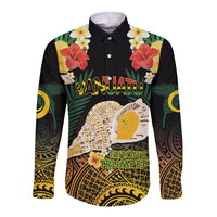 Vanuatu Triton's Trumpet Long Sleeve Button Shirt Tropical Flowers Vanuatuan Map LT14 Unisex Black - Polynesian Pride