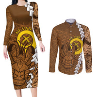 Vanuatu Coconut Crab Couples Matching Long Sleeve Bodycon Dress and Long Sleeve Button Shirt Ni-Van Tropical Leaves With Sand Drawing Art
