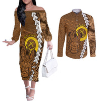 Vanuatu Coconut Crab Couples Matching Off The Shoulder Long Sleeve Dress and Long Sleeve Button Shirt Ni-Van Tropical Leaves With Sand Drawing Art