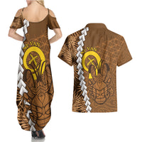 Vanuatu Coconut Crab Couples Matching Summer Maxi Dress and Hawaiian Shirt Ni-Van Tropical Leaves With Sand Drawing Art