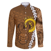 Vanuatu Coconut Crab Family Matching Long Sleeve Bodycon Dress and Hawaiian Shirt Ni-Van Tropical Leaves With Sand Drawing Art LT14 Dad's Shirt - Long Sleeve Brown - Polynesian Pride