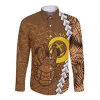 Vanuatu Coconut Crab Long Sleeve Button Shirt Ni-Van Tropical Leaves With Sand Drawing Art LT14 Unisex Brown - Polynesian Pride