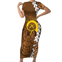 Vanuatu Coconut Crab Short Sleeve Bodycon Dress Ni-Van Tropical Leaves With Sand Drawing Art LT14 Long Dress Brown - Polynesian Pride