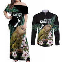 Personalised New Zealand Kakapo Couples Matching Off Shoulder Maxi Dress and Long Sleeve Button Shirt Aotearoa Fern With Manuka