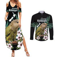 Personalised New Zealand Kakapo Couples Matching Summer Maxi Dress and Long Sleeve Button Shirt Aotearoa Fern With Manuka