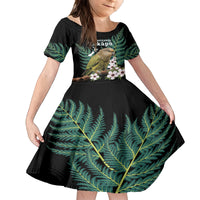 Personalised New Zealand Kakapo Family Matching Off The Shoulder Long Sleeve Dress and Hawaiian Shirt Aotearoa Fern With Manuka LT14 Daughter's Dress Black - Polynesian Pride
