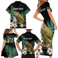 Personalised New Zealand Kakapo Family Matching Short Sleeve Bodycon Dress and Hawaiian Shirt Aotearoa Fern With Manuka
