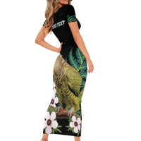Personalised New Zealand Kakapo Family Matching Short Sleeve Bodycon Dress and Hawaiian Shirt Aotearoa Fern With Manuka