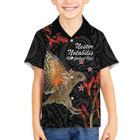 Personalised New Zealand Kea Family Matching Off The Shoulder Long Sleeve Dress and Hawaiian Shirt Nestor Notabilis With Harakeke Maori Pattern LT14 Son's Shirt Black - Polynesian Pride