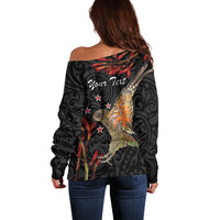 Personalised New Zealand Kea Off Shoulder Sweater Nestor Notabilis With Harakeke Maori Pattern