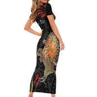 Personalised New Zealand Kea Short Sleeve Bodycon Dress Nestor Notabilis With Harakeke Maori Pattern
