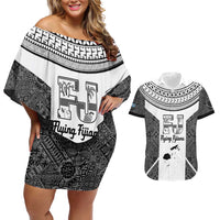 Custom Fiji Tapa Rugby Couples Matching Off Shoulder Short Dress and Hawaiian Shirt Flying Fijian Black And White Version