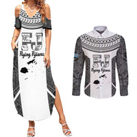 Custom Fiji Tapa Rugby Couples Matching Summer Maxi Dress and Long Sleeve Button Shirt Flying Fijian Black And White Version