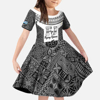 Custom Fiji Tapa Rugby Family Matching Off The Shoulder Long Sleeve Dress and Hawaiian Shirt Flying Fijian Black And White Version