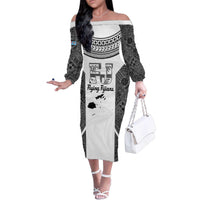 Custom Fiji Tapa Rugby Family Matching Off The Shoulder Long Sleeve Dress and Hawaiian Shirt Flying Fijian Black And White Version