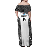 Custom Fiji Tapa Rugby Family Matching Off Shoulder Maxi Dress and Hawaiian Shirt Flying Fijian Black And White Version