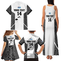 Custom Fiji Tapa Rugby Family Matching Tank Maxi Dress and Hawaiian Shirt Flying Fijian Black And White Version
