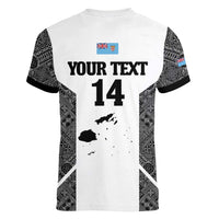 Custom Fiji Tapa Rugby Women V-Neck T-Shirt Flying Fijian Black And White Version