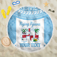 Custom Fiji Tapa Rugby Beach Blanket Flying Fijian Blue And White Version