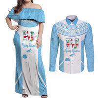 Custom Fiji Tapa Rugby Couples Matching Off Shoulder Maxi Dress and Long Sleeve Button Shirt Flying Fijian Blue And White Version