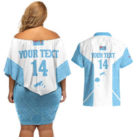 Custom Fiji Tapa Rugby Couples Matching Off Shoulder Short Dress and Hawaiian Shirt Flying Fijian Blue And White Version
