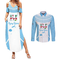 Custom Fiji Tapa Rugby Couples Matching Summer Maxi Dress and Long Sleeve Button Shirt Flying Fijian Blue And White Version