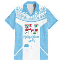 Custom Fiji Tapa Rugby Family Matching Off The Shoulder Long Sleeve Dress and Hawaiian Shirt Flying Fijian Blue And White Version