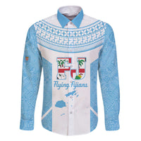 Custom Fiji Tapa Rugby Family Matching Off The Shoulder Long Sleeve Dress and Hawaiian Shirt Flying Fijian Blue And White Version