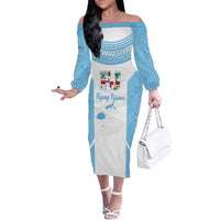 Custom Fiji Tapa Rugby Family Matching Off The Shoulder Long Sleeve Dress and Hawaiian Shirt Flying Fijian Blue And White Version